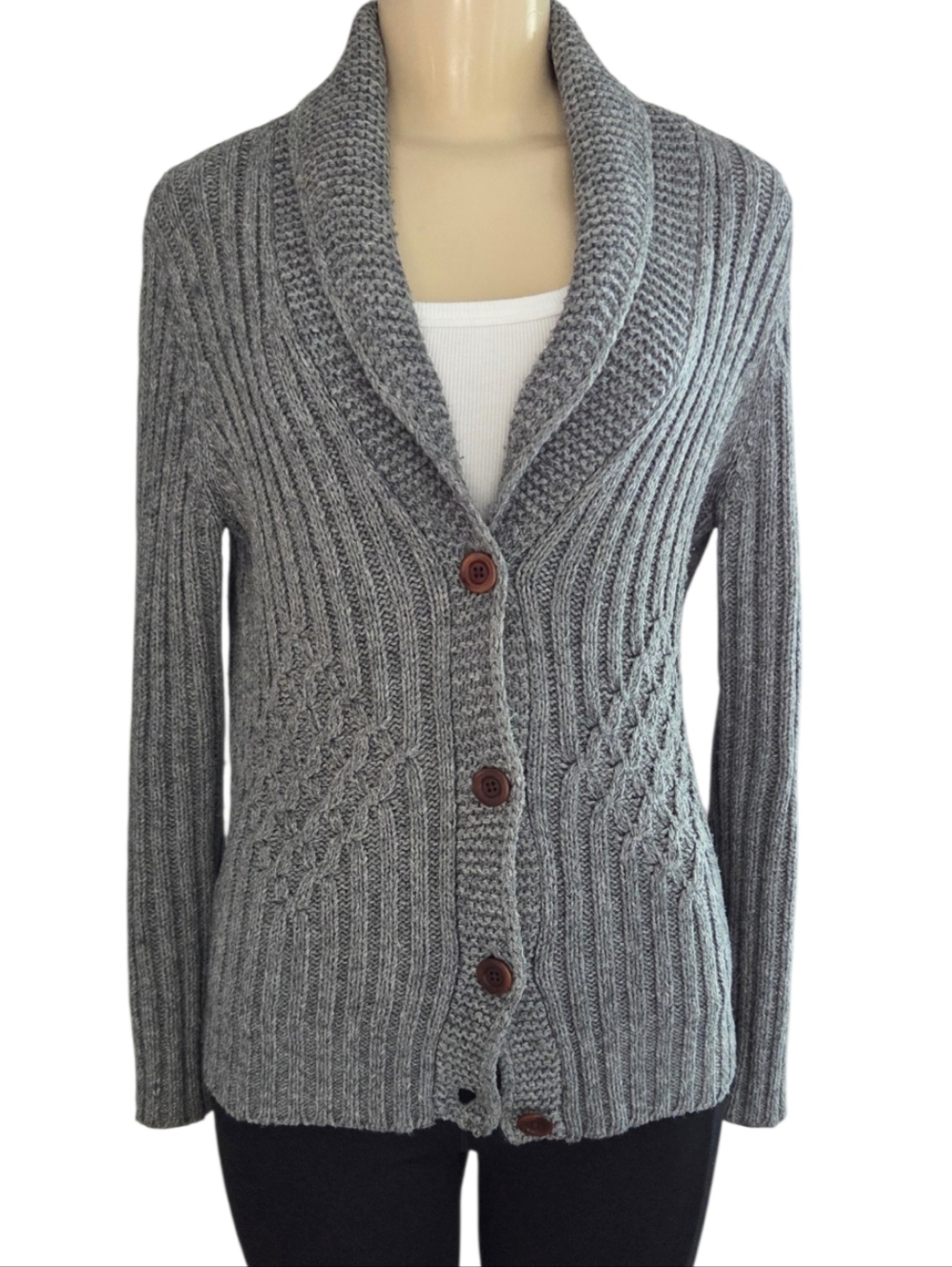 Lands’ End Women’s Gray Cable Knit Shawl Collar Cardigan Sweater Size S/P - Picture 3 of 6
